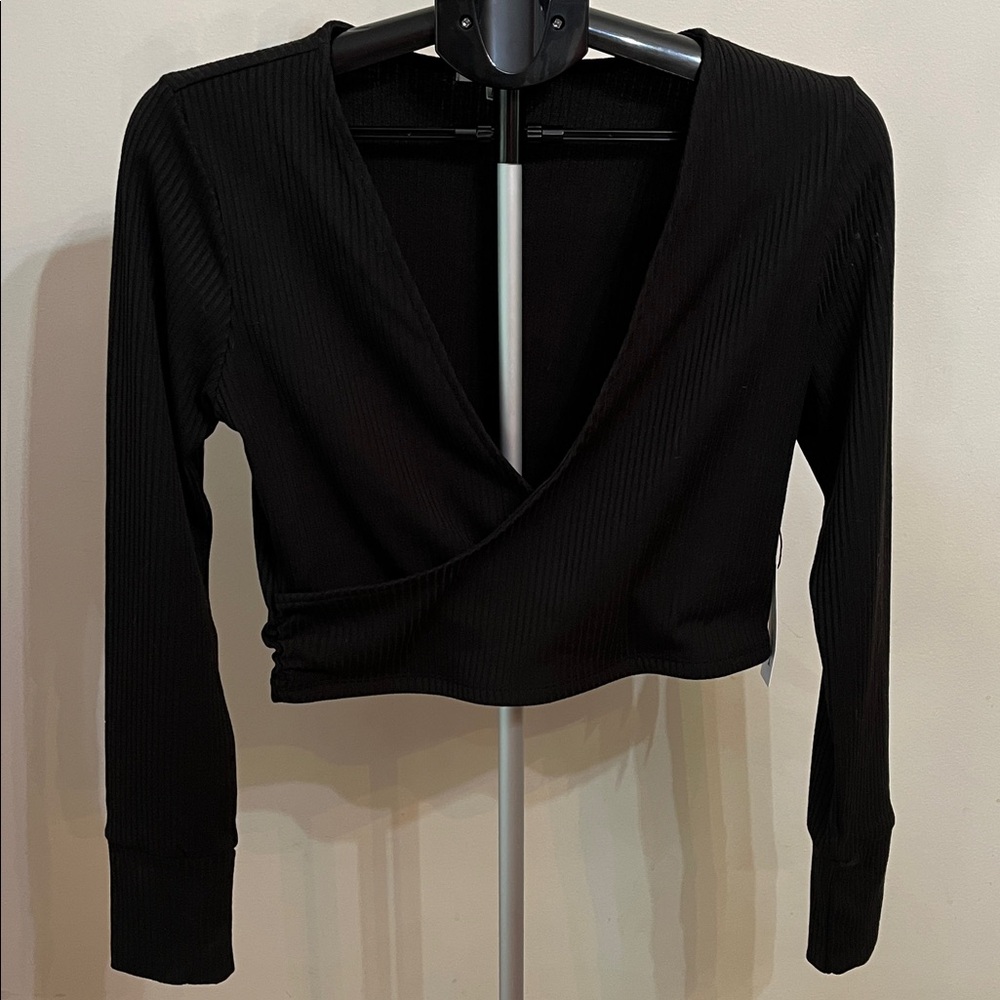 NWT Shades of Rose Black Ribbed Wrap Top